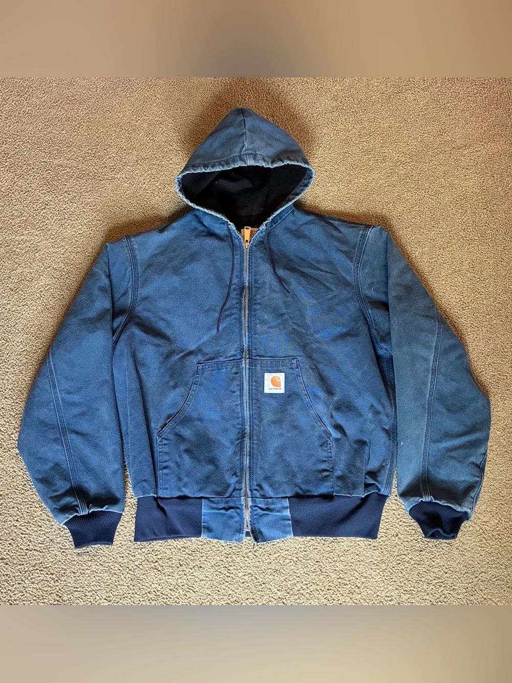Carhartt Jacket Mens M Navy Blue Duck Canvas Hooded Black Lined Zip Up Work Coat